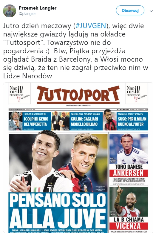 Okładka ''Tuttosport'' przed meczem Juventus - Genoa